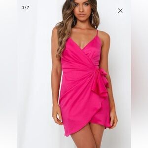 Hello Molly Hot Pink Satin Wrap Mini Dress